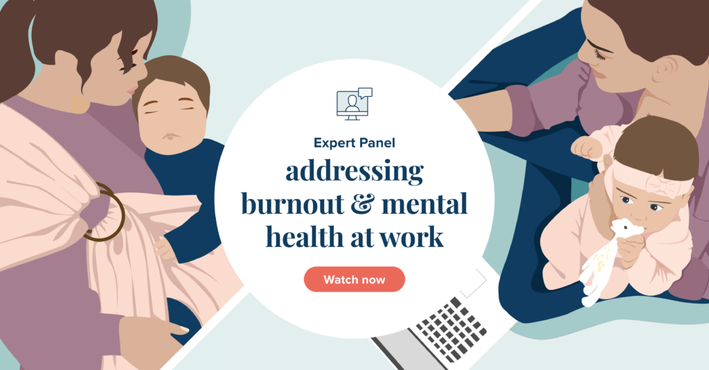 Mental Health Webinar Tile Image Featuring Moms working while holding babies
